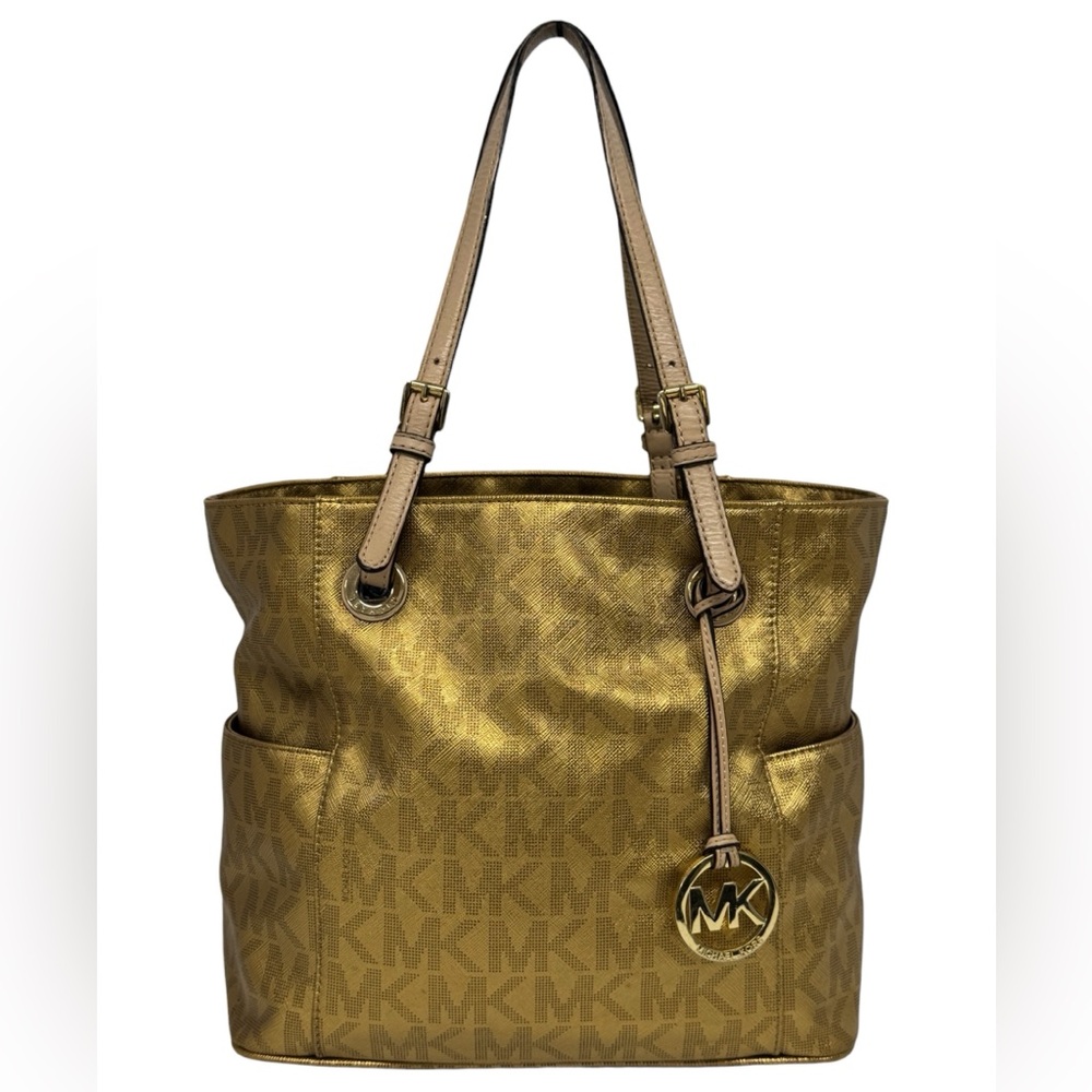 Michael Kors Jet Set East West Signature Gold Metallic Tote Purse Shoulder Bag - Picture 3 of 16